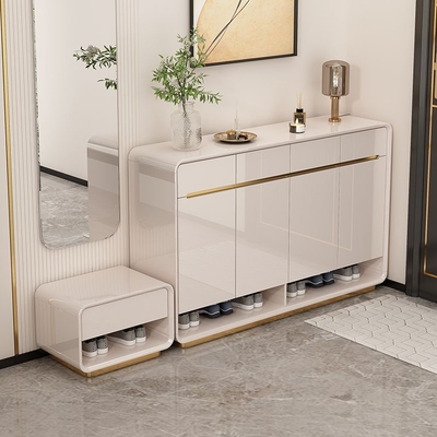 Piano peinture porte d'entrée armoire à chaussures avec tabouret de changement de chaussures, quatre portes et quatre tiroirs rangement armoire à chaussures
